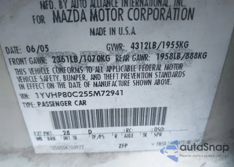 2005 Mazda Mazda6 I Base z USA, uszkodzony, nr VIN 1YVHP80C255M72941